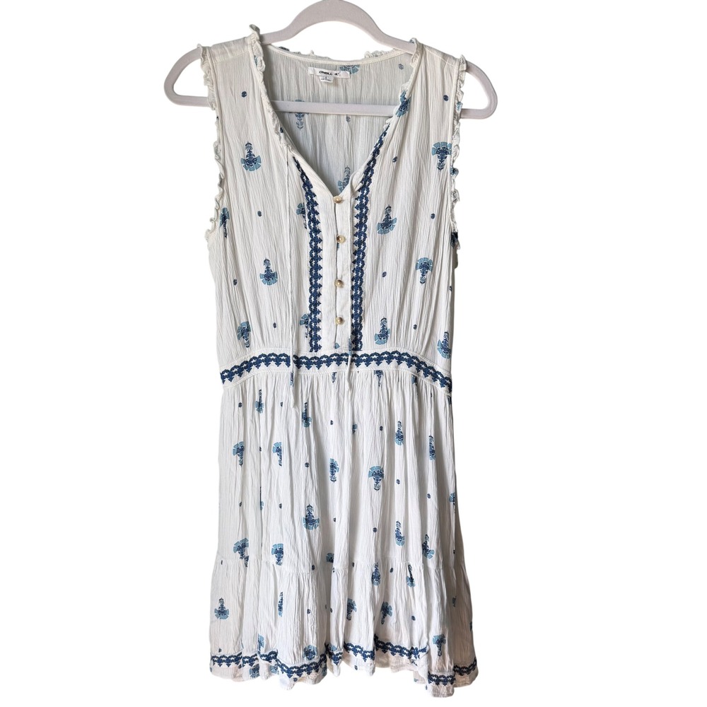 O'Neill Dress White Blue Embroidered Sleeveless Ruffle Beachy Boho Flowy Large